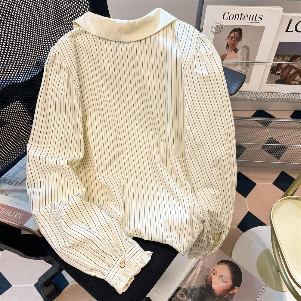 Spring Autumn French Striped Long Sleeve Shirt with Floral Pattern for Women