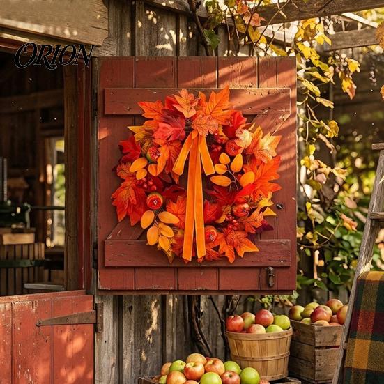 Vintage Style Harvest Party Decorations Fall Maple Leaf Pumpkin Wreath Artificial Berry Door Hanger Autumn Forest Scene Hanging Decor for Thanksgiving
