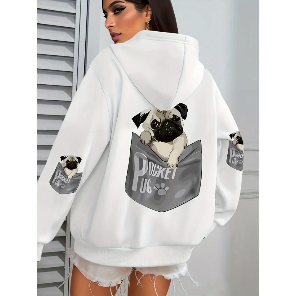 Pocket Pug Hoodies Women Cartoons dog Prints Hooded Loose Pockets Sweatshirts Winter Fleece Warm Tops