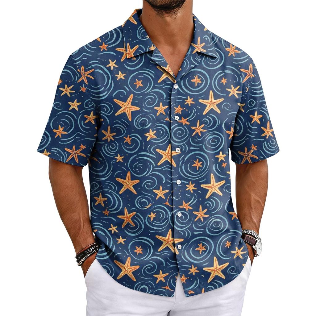 Men's Summer Hawaiian Print Cuban Collar Shirt Short Sleeve Button Down Casual Beach Shirt Lightweight Breathable Fabric