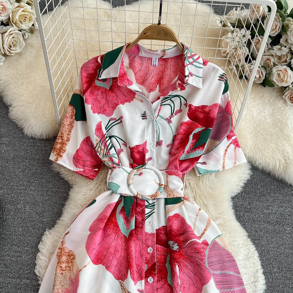 Kjole med blomstertrykk for kvinner A-linje Elegante vintage dame sommerkjoler med belte Casual Vestidos