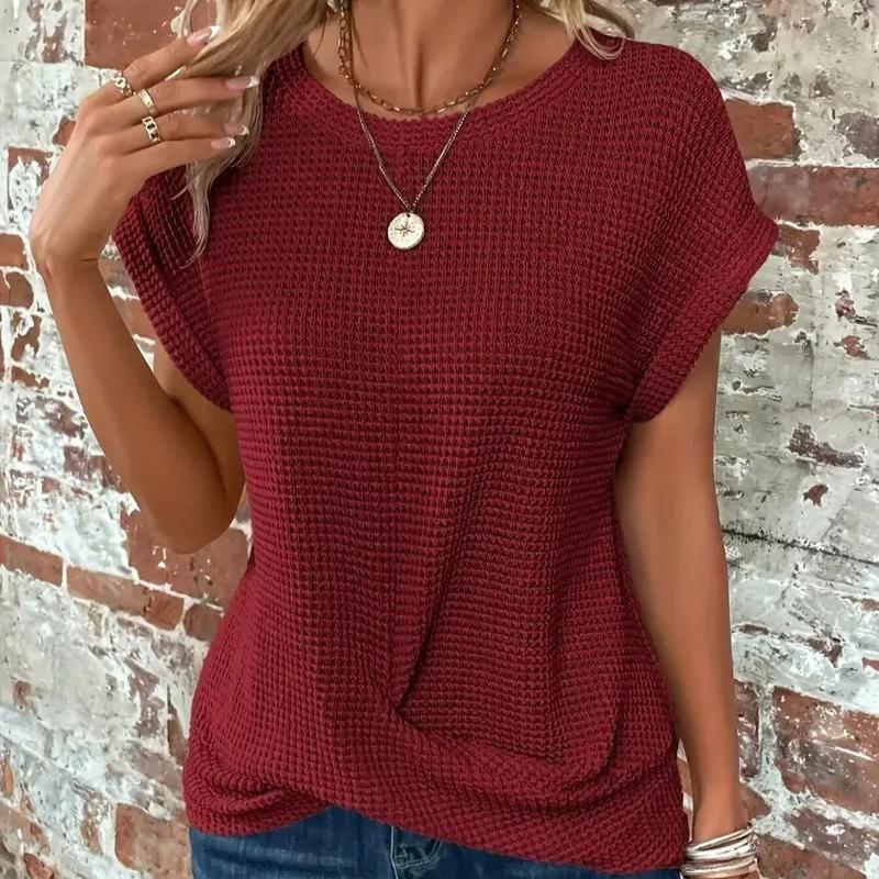 Cross-border Solid Color Round-collar T-shirt Elegant Short-sleeved Twisted Top Spring and Summer Women's Wear