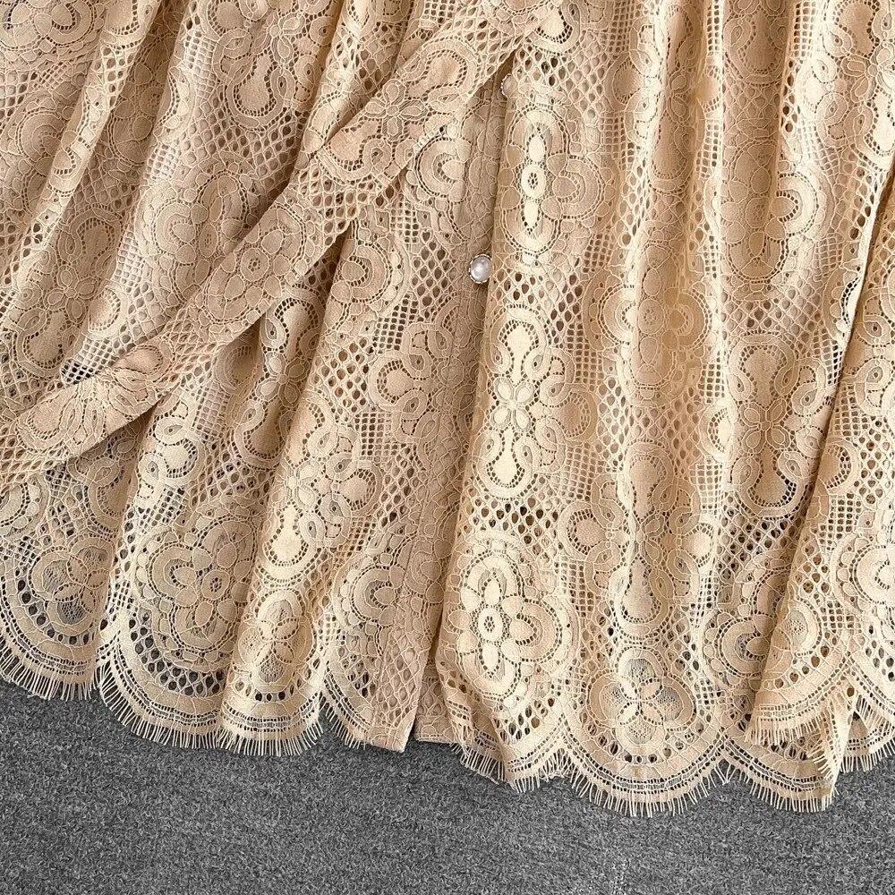 khaki hollow out lace dress FOVIGUO Women Bohemian V-Neck Cold Shoulder Tiered Shift Dress Lace Tassel Hollow  Out 3/4 Sleeve Beach Dresses Khaki at Amazon Women's Clothing store
