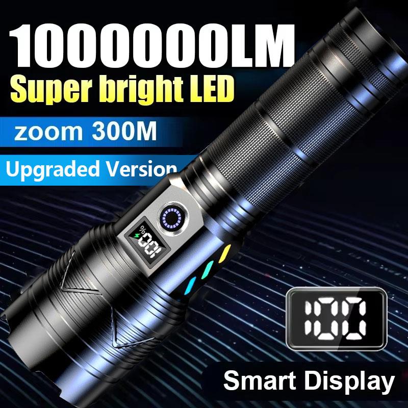 Powerful LED Flashlight Ultra Strong Light Torch USB Rechargeable Outdoor Camping Lamp Long-range Zoom Lantern Power Display