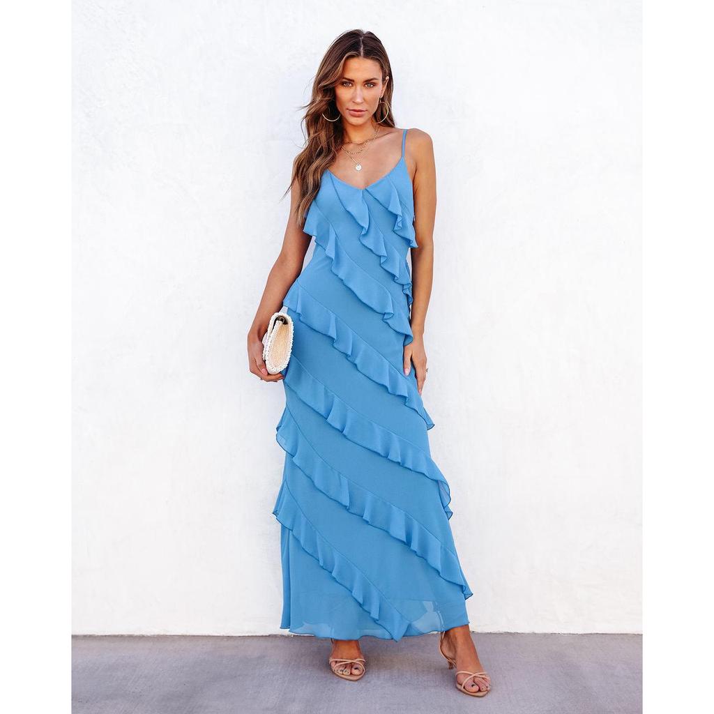 European-American Backless Spaghetti Strap Wave Slim-Fit Slit Maxi Dress