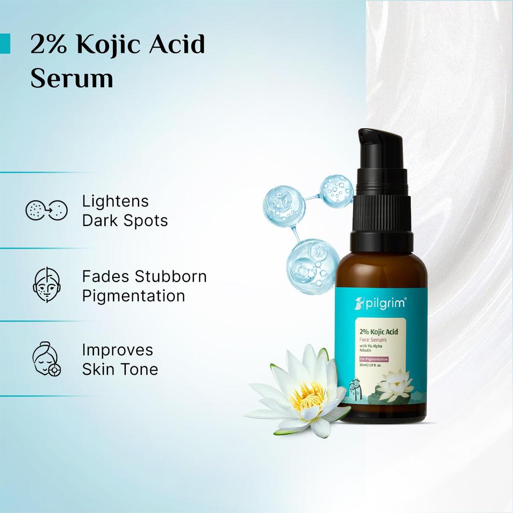 Pilgrim 2% Kojisäure Gesichtsserum 30 ml Packung mit 1% Alpha-Arbutin & Weißer Lotos gegen Pigmentflecken