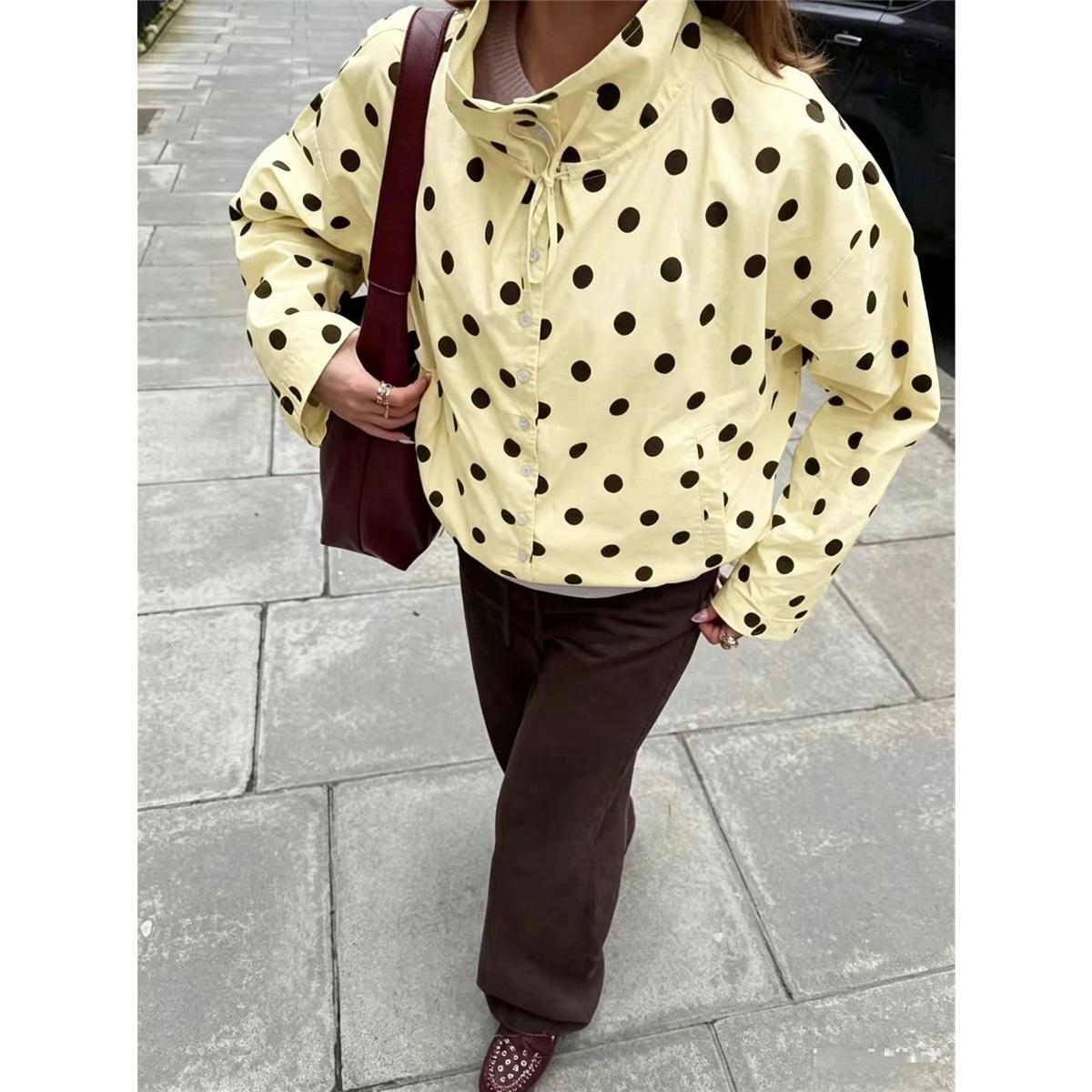 Damen Gepunktete Stehkragenbluse Langarm Button-Down Lässige Lockere Hemdblusen Tops XXL gelb