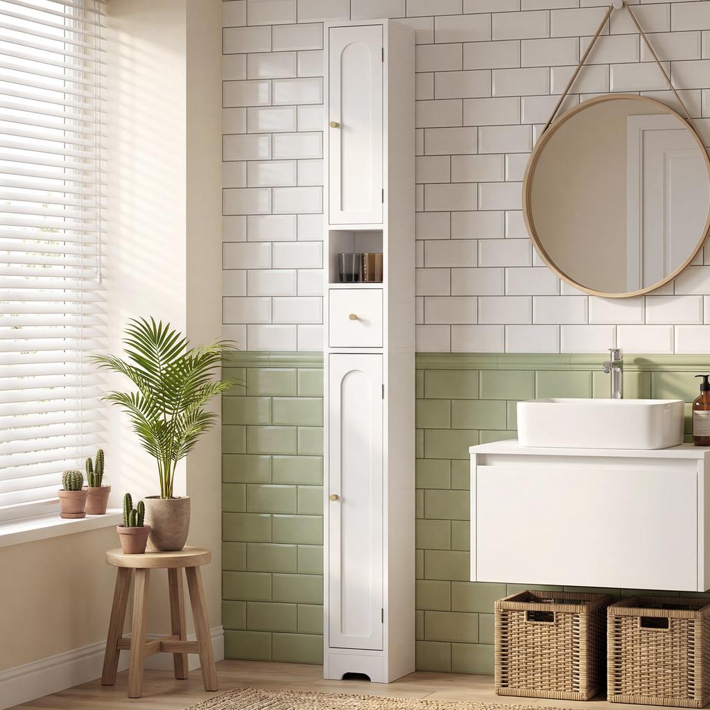 Bathroom Cabinet, Narrow Bathroom Cabinet with Drawer, Arched Doors, Open Shelf, Adjustable Shelf, 20x20x185 Cm, White