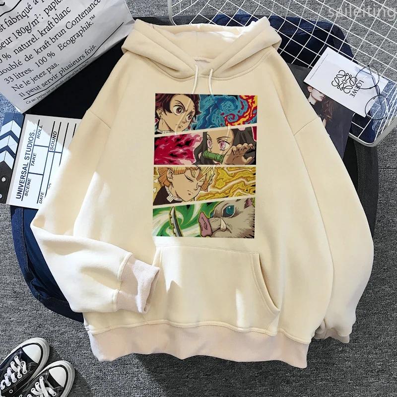 Japan Anime Demon Slayer Hoodies Japanese Casual Kangaroo Pocket Hoodie Harajuku Cartoon Manga Khaki Pullovers Aesthetic Clothes