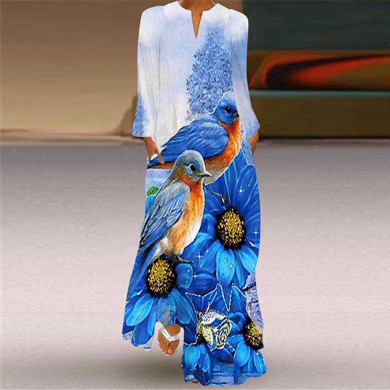 2024 Autumn European & American V-Neck Long-Sleeve Sexy Printed Maxi Dress