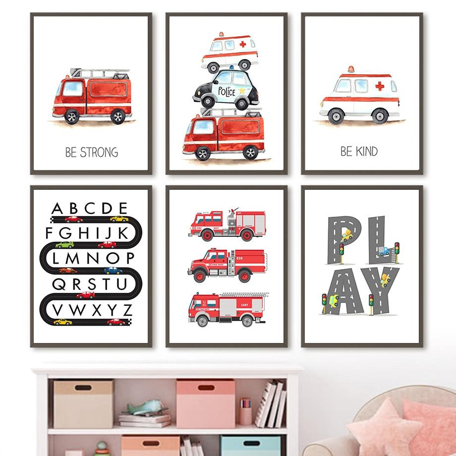Kids Room Decor Alphabet Learning Vehicles Canvas Art Fire Truck Ambulance Nursery Wall Posters