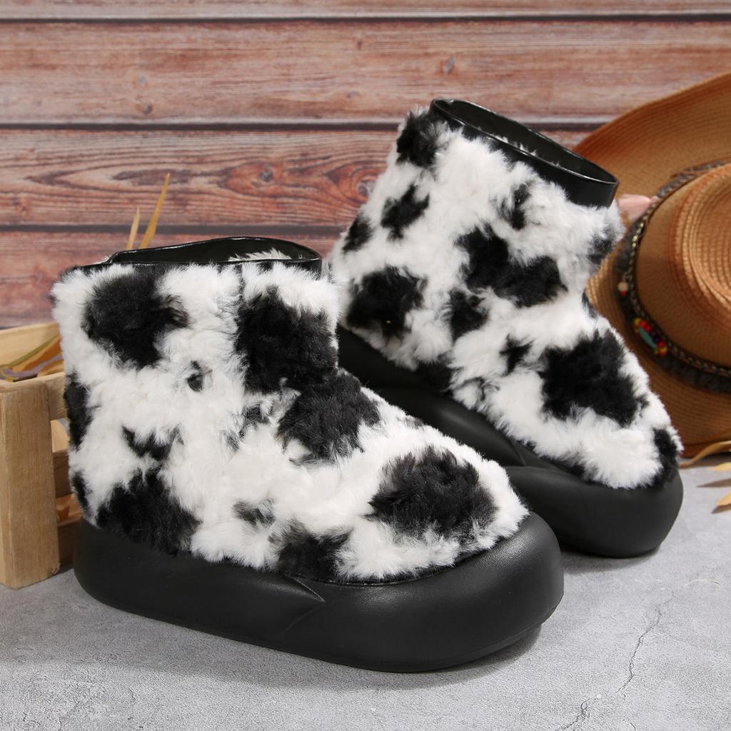 Fashion Cow Fur Snow Boots Women Winter New Cute Furry Thick Bottom Casual Padded Slipper Thickened Warm Comfortable Female Cotton Shoes