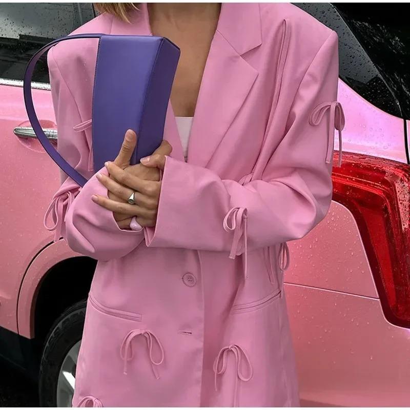 Women Y2k Bow Casual Office Blazer Top Cute Notch Lapel Button Up Jacket Oversized Long Sleeve Coat