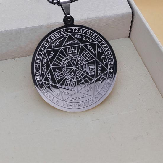 Men Necklace Seven Angel Amulets Chain Round Pendant Hollow Solomon Stainless Steel Electroplated Unisex