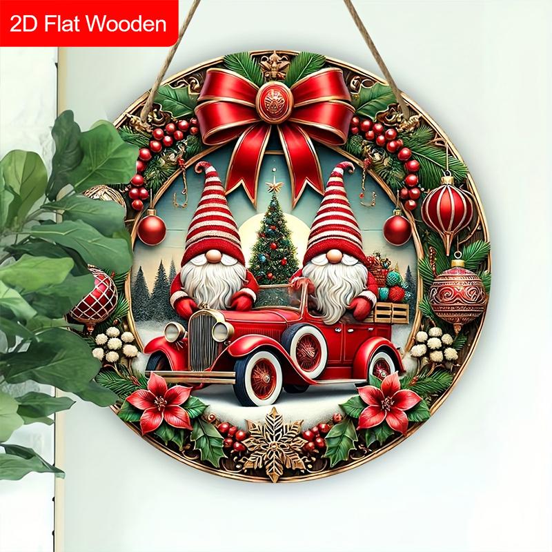 Wooden Christmas Sign with Gnome Pattern - Navidad Round Sign for Christmas Tree, Balcony, Decor - Ideal Christmas Gift