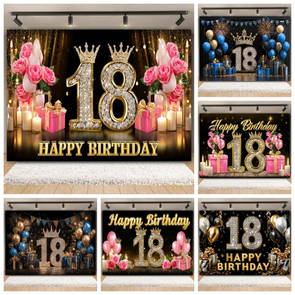 Black and Gold Balloon Gift Theme 18th Birthday Banner Backdrop Cloth Adult Gift Birthday Party Decoration Photography Backdrop