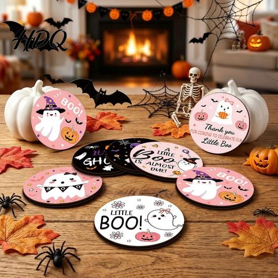 Kitchen Dining Accessories Halloween Wooden Coasters, Decorative Drink Heat Resistant Table Mats Decor for Coffee Mugs, Waterproof Party Home Holiday