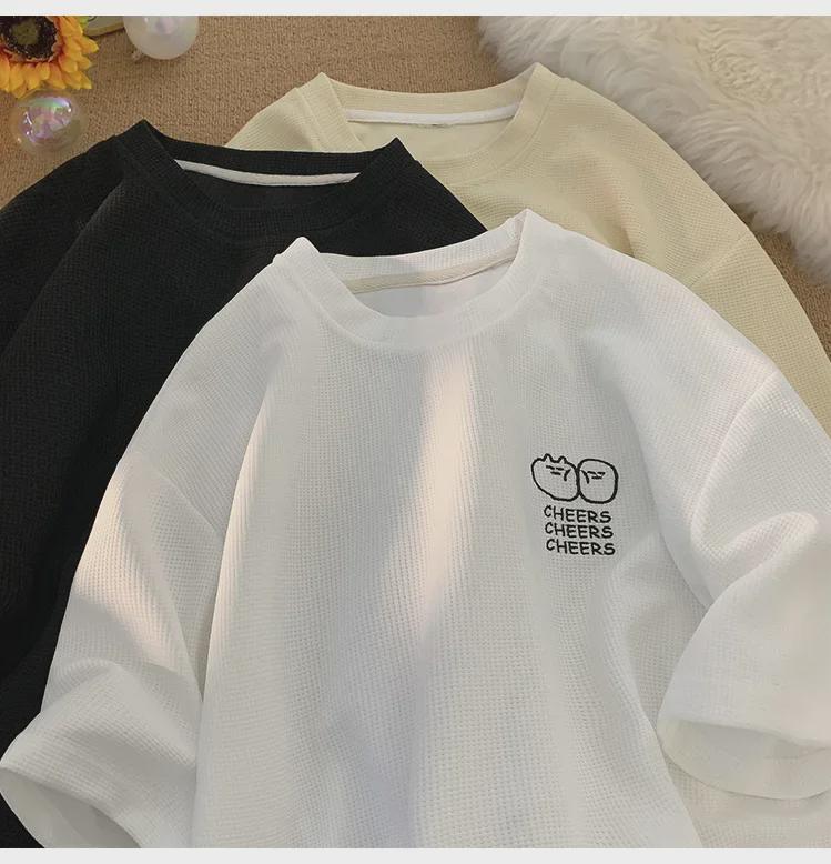 Men's Summer Waffle Knit Ice Silk Short-Sleeve Embroidered T-Shirt - Korean Fashion, Loose Fit, American Heavyweight.
