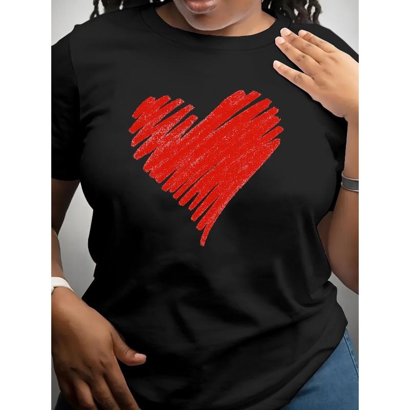 

European Size Women S Drawn Heart Print Short Sleeve T-shirt | Soft and Breathable, Moderate Elasticity, Machine Washable 4XL