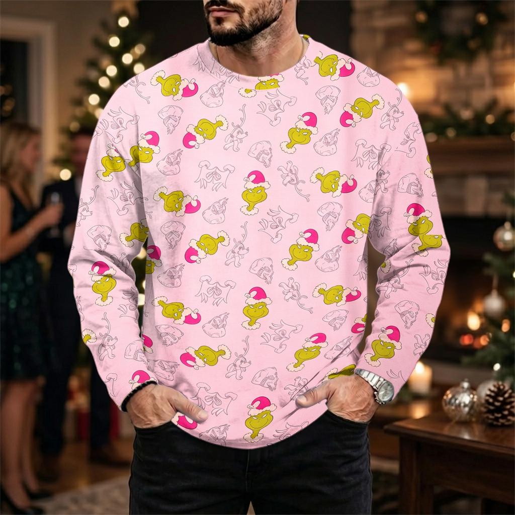 Men's Plus Size Loose Fit Casual Neck Long Sleeve T-Shirt with Christmas Print for Fall and Winter