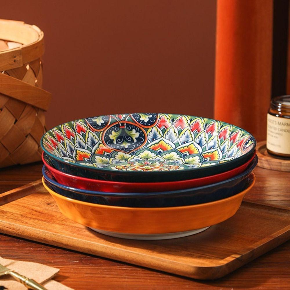 Colorful Dinner Plate Flower Pattern Meal Dish Household Bohemian Ceramic Plate  Housewarming Gift