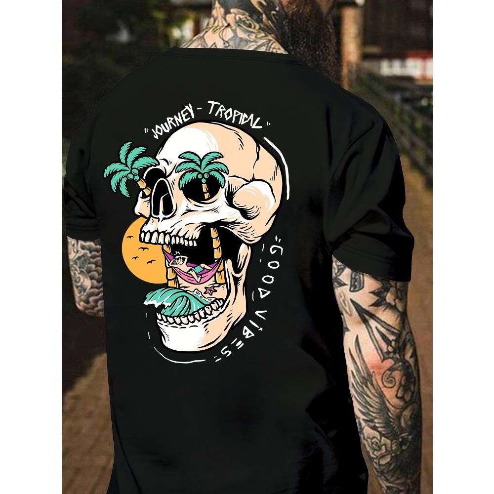 T-shirt Pesante 180gsm 100% Cotone - Stampa Grafica Teschio Tropicale, Vestibilità Regolare Casual & Sportiva, Maglietta Estiva per Attività all'Aperto, Traspirante