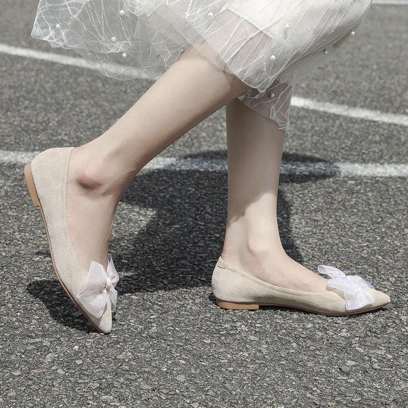 2025 New Spring Bow Fresh Bridesmaids Flat Bottom Pointed Fairy Style Evening Versatile Doudou Single Shoes