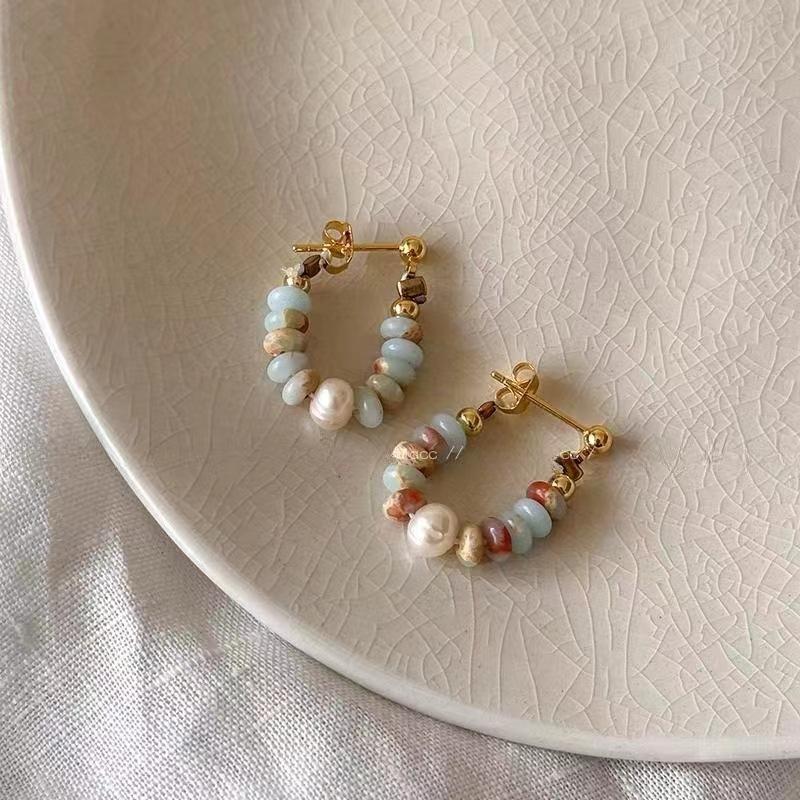 Chic Colorful Stone Beaded Hoop Earrings For Women Sweet Gold Color Metal Earrings Korean Daily Wear Jewelry