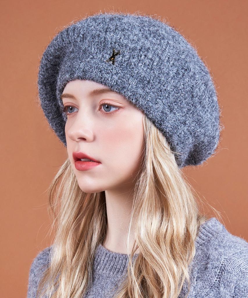 Bajal Studded Logo Wool Knit Beret Dark Grey