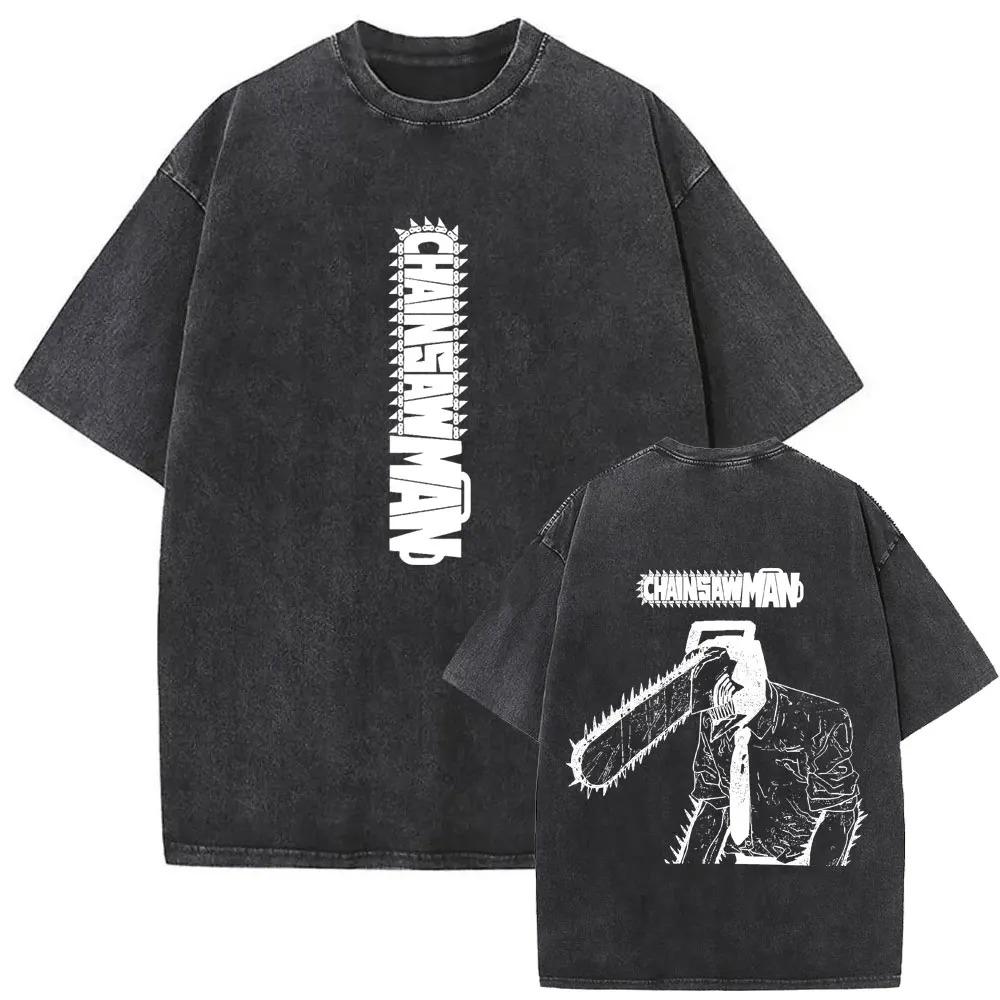 Chainsaw Man Denji Form s motorovou pilou Vertikální logo Vintage oprané Anime tričko, Unisex Manga fanoušek Streetwear tričko, 100% bavlna Ležérní top s krátkým rukávem
