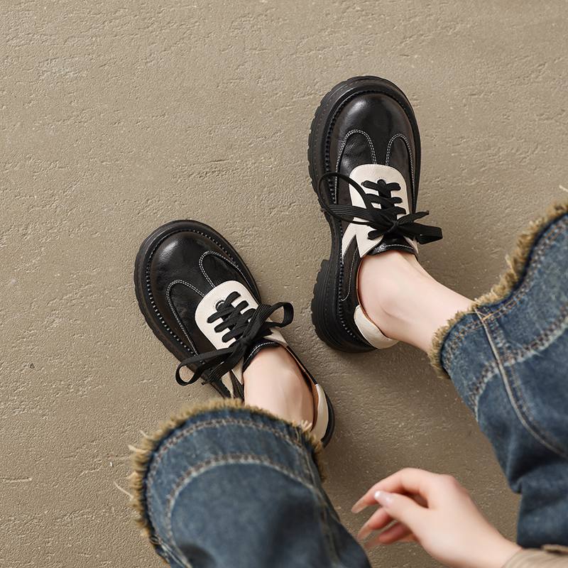 Krazing Pot Sheepskin Round Toe Med Heels Slip on Spring Autumn Shoes Big Size 41 Lace Up Mixed Color Oxford Women Pumps
