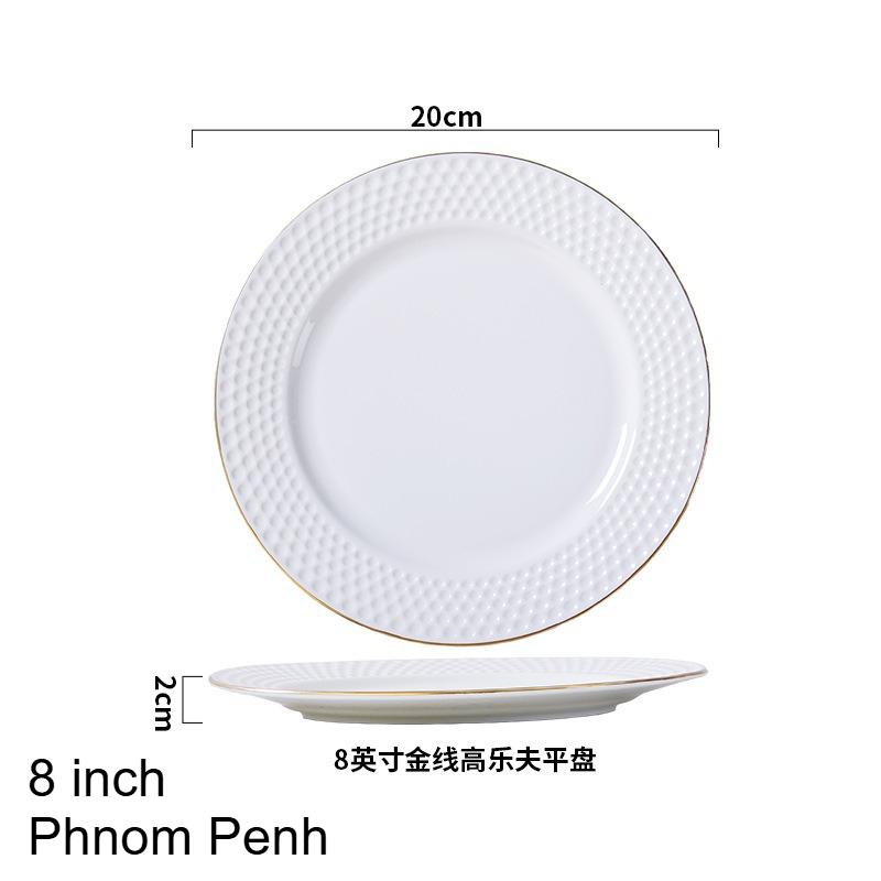 

Round Ceramic Gold-rimmed Western-style Dinner Plate Creative Relief Pure White Ceramic Flat Plate Banquet Plating Tableware