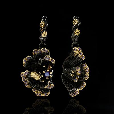 New Retro Sunflower Earrings High End Floral Zircon Chinese Personality Gold Exaggerated Black Gold Two Color Earrings