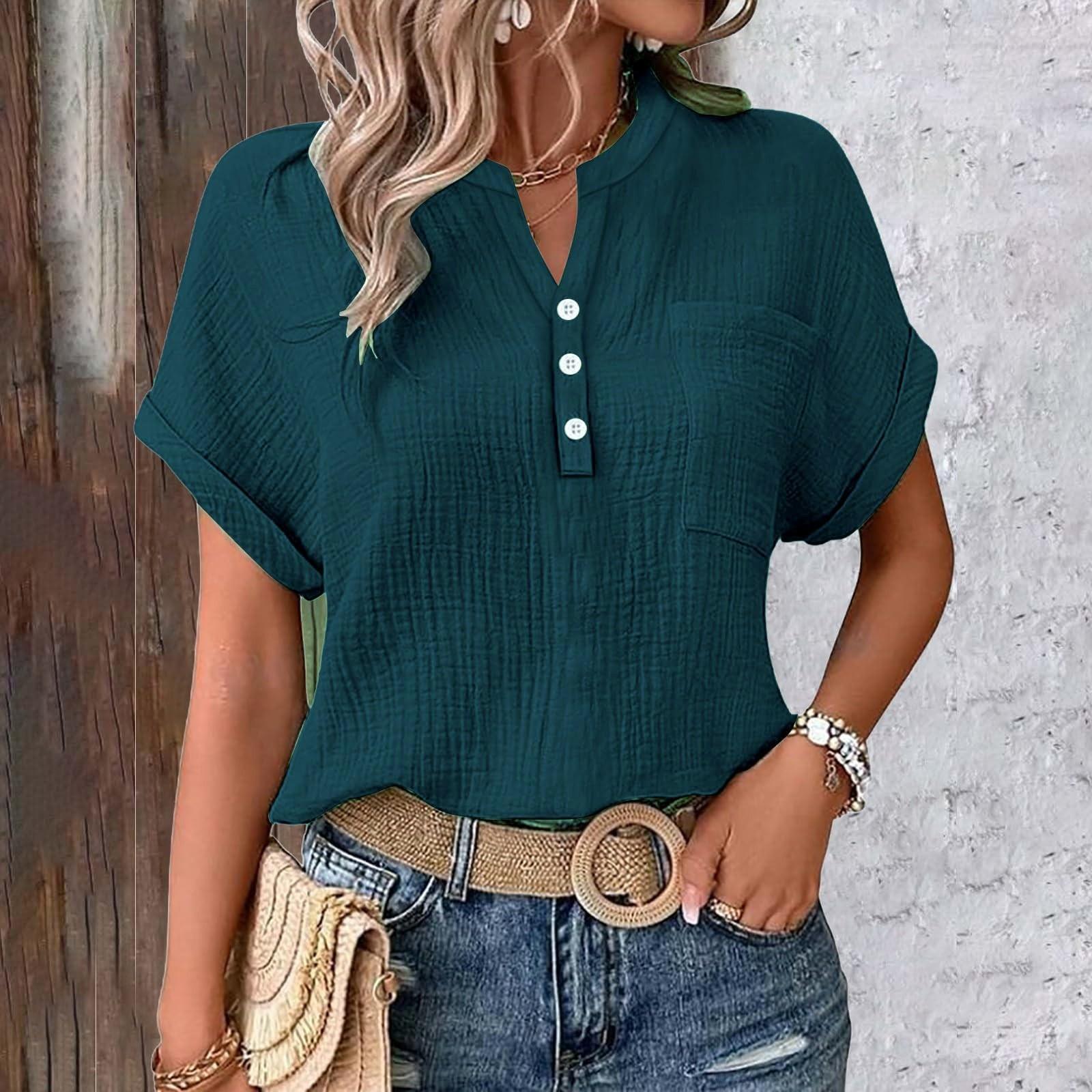 

Женская блузка, Льняная блузка, Женская летняя льняная рубашка на пуговицах, Блузка с V-образным вырезом и короткими рукавами и карманами XL тёмно-синий