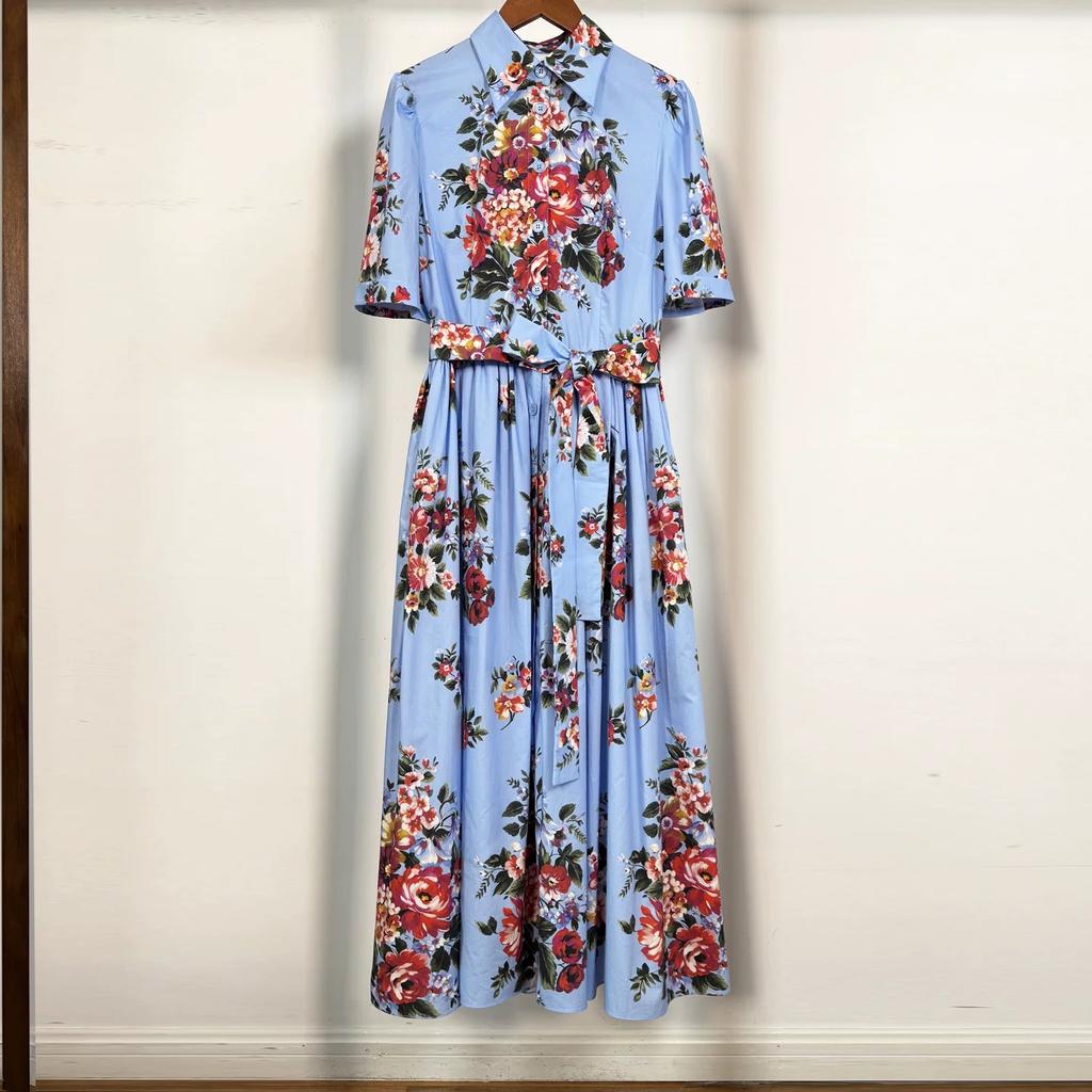 New Summer Beach Gorgeous Floral Midi Dress Shirt Women Single Breasted Belt Lace Up Short Sleeve Long Party Dresses Office Lady