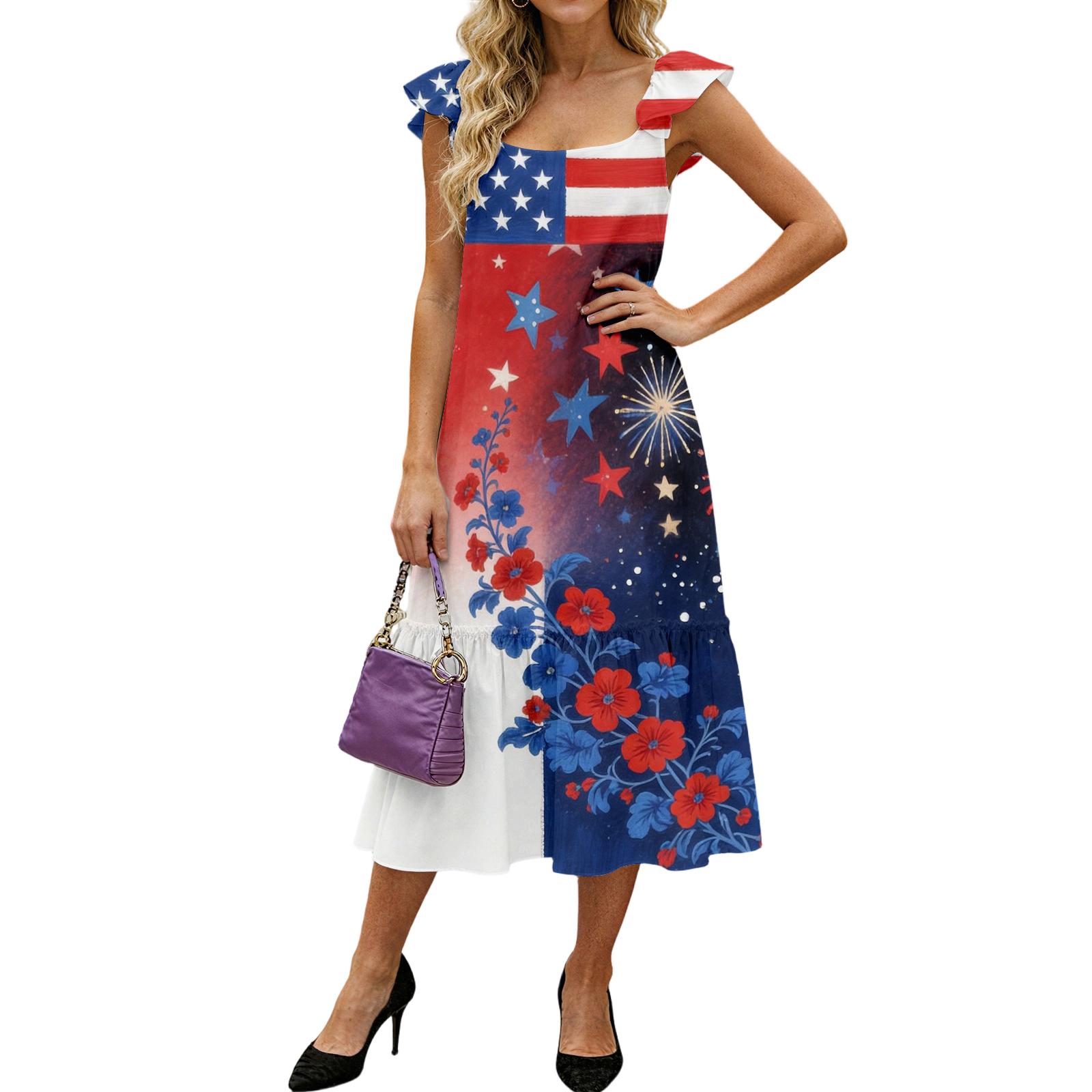 Women s Fashion Loose Mid-length Ruffled Flying Sleeve Independence Day Printed Dress L