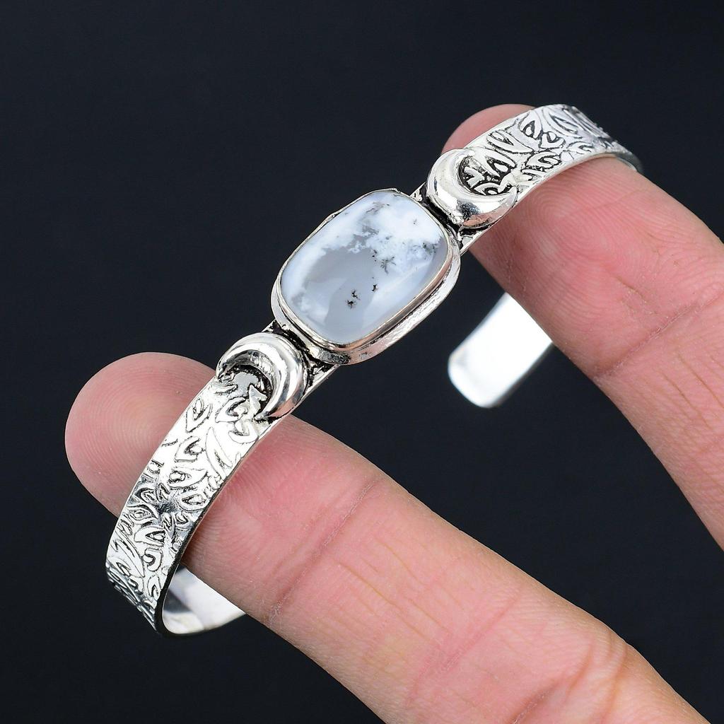 Sisters Day Sale Dendrite Opal Gemstone Crescent Moon Bangle Jewelry 925 Silver