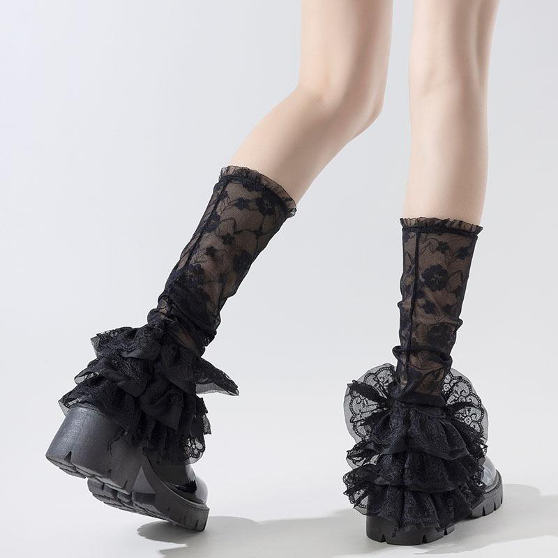 Lolita White Stockings Summer Retro Layered Ruffles Women Foot Cover Breathable Thin Mesh Lace Leg Warmers Sweet JK Socks
