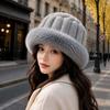 Faux Fur Brim Puffy Bucket Cap Vertical Texture Plush Trapper Hats Fluffy Winter Bonnet  Students
