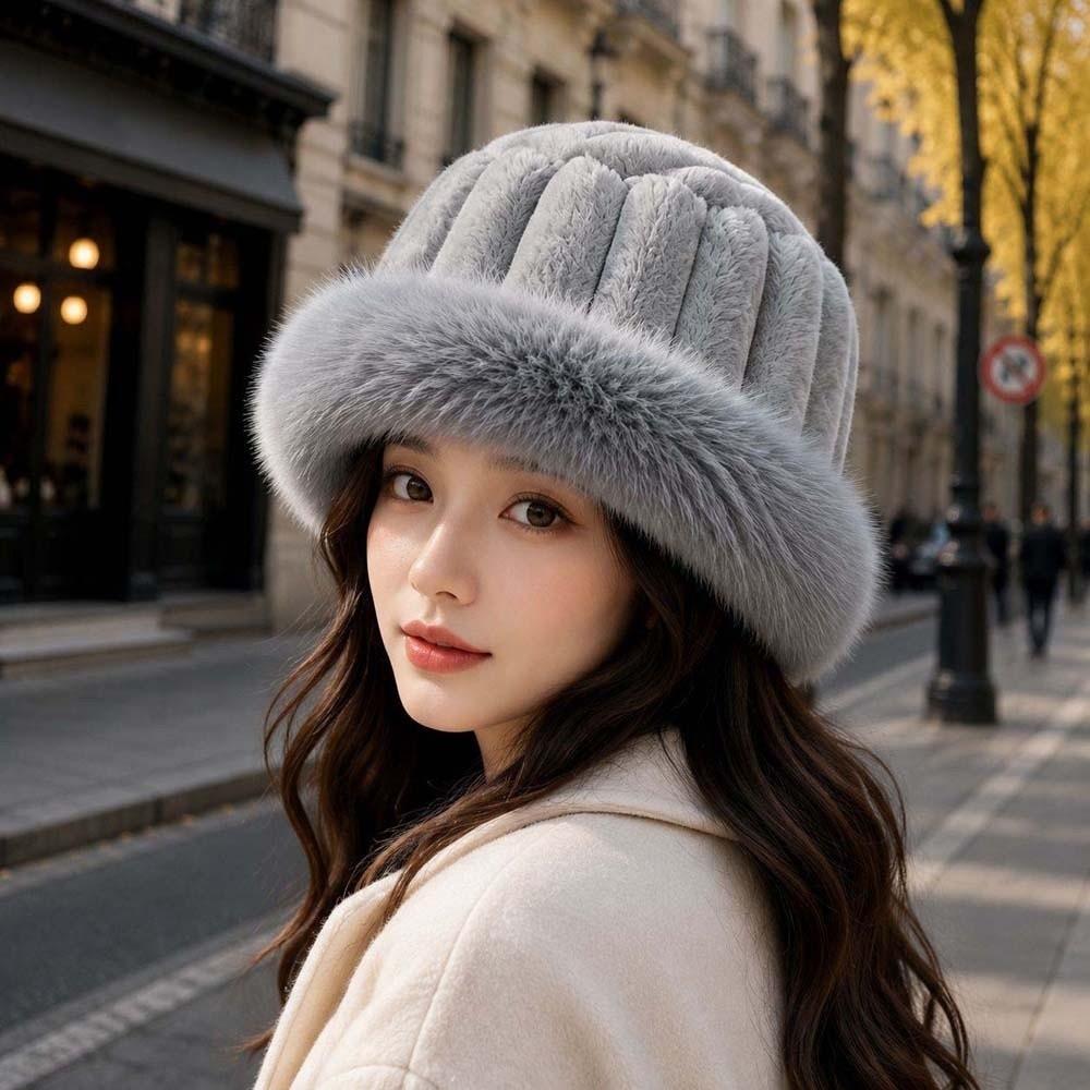 Faux Fur Brim Puffy Bucket Cap Vertical Texture Plush Trapper Hats Fluffy Winter Bonnet Students