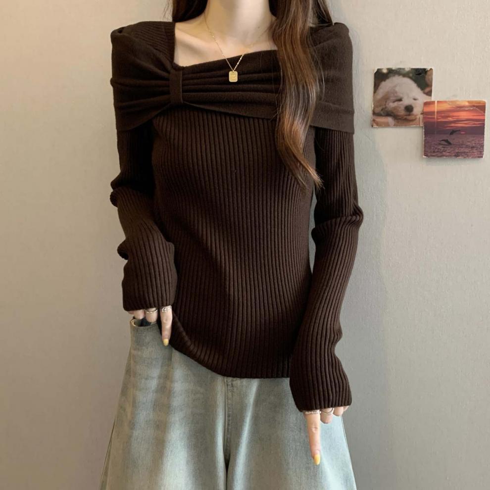 2025 Autumn and Winter New One-word Neck Bow Personalized Versatile Knitted Sweater Women's Fat Slim Slim Top