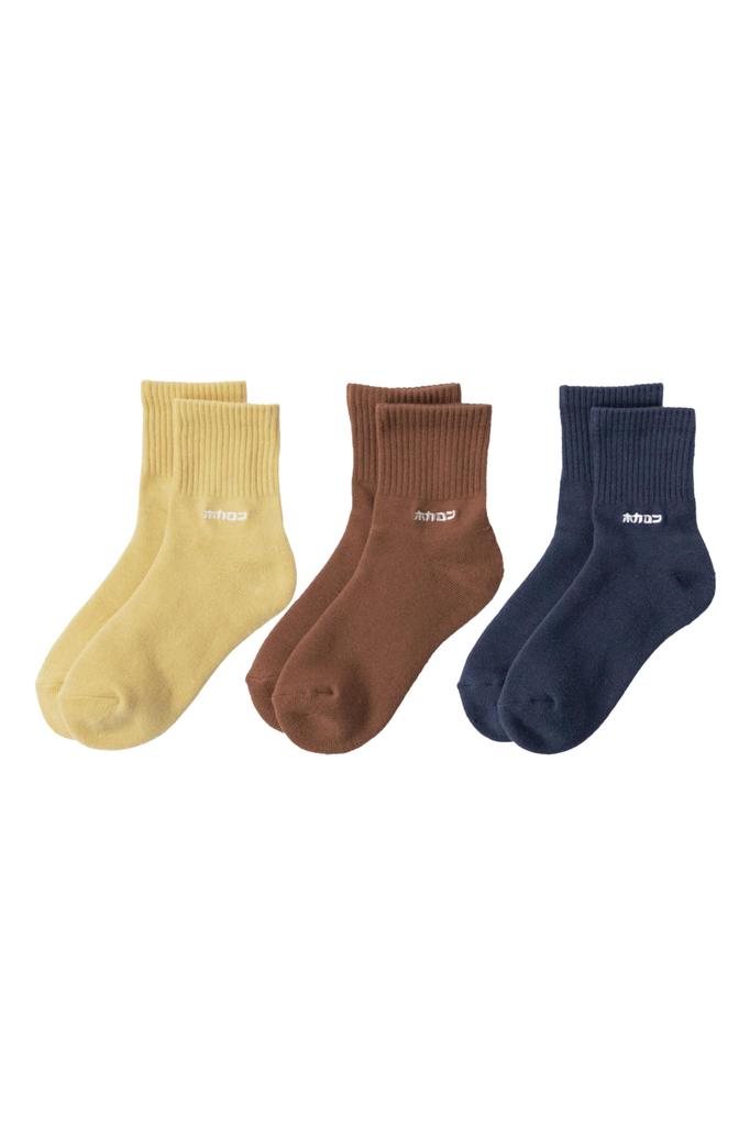 Hokaron Mini Crew Pile Rib with and Set Women's Socks, Embroidery, 21.5-24.5cm, Navy, Camel, Yellow, 3-Pair