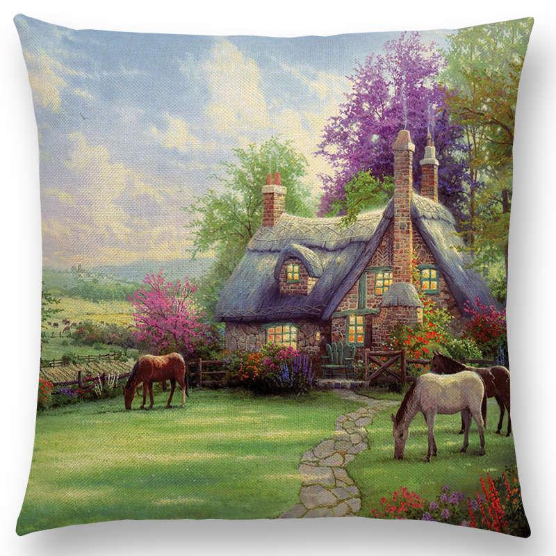 Home Decor Rustic Oil Painting Cushion Cover Beautiful Landscape Castle Lighthouse Sofa Pillow  Bedroom