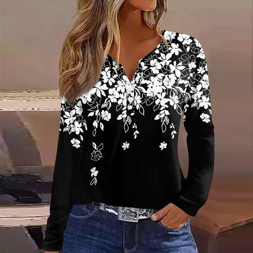 Women's T Shirt Tee  Print Button Long Sleeve Knit Sweater Daily Weekend Fashion Basic V- Neck Regular Top