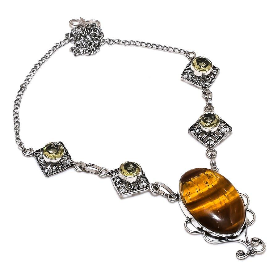 Collier en argent sterling 925 fait main avec pierre précieuse œil de tigre naturelle 18 B9P34