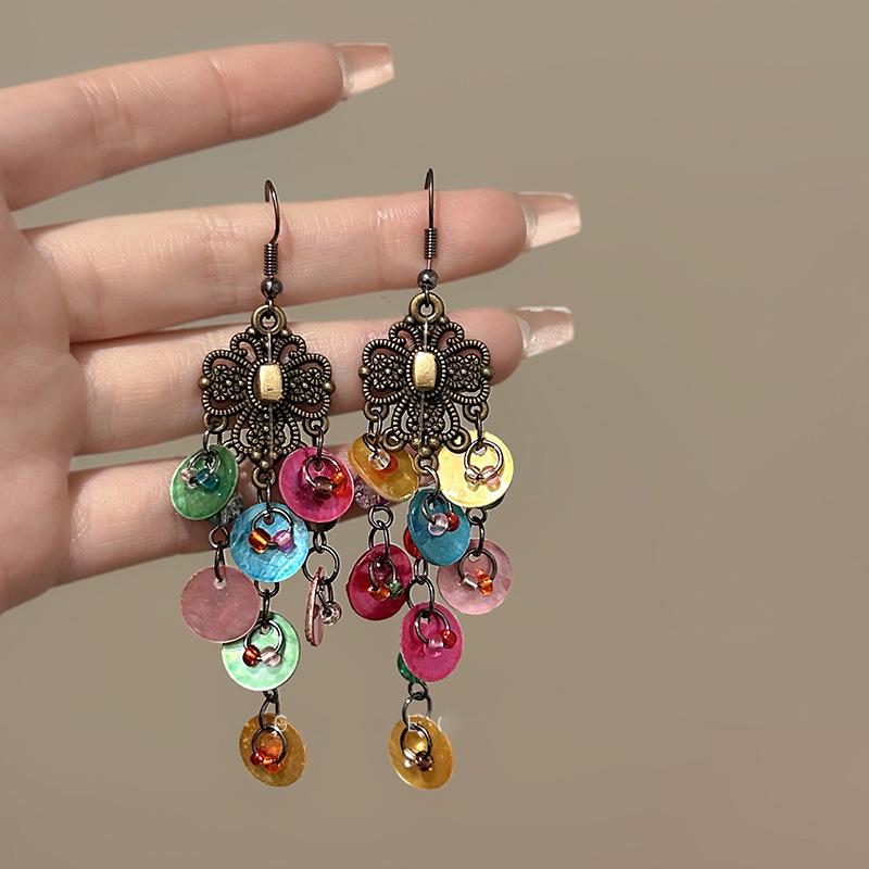 

Серьги-ракушки с цветочным узором и бахромой, легкая роскошь, ретро-темперамент, крючок для уха, нишевые, универсальные, модные, персонализированные серьги