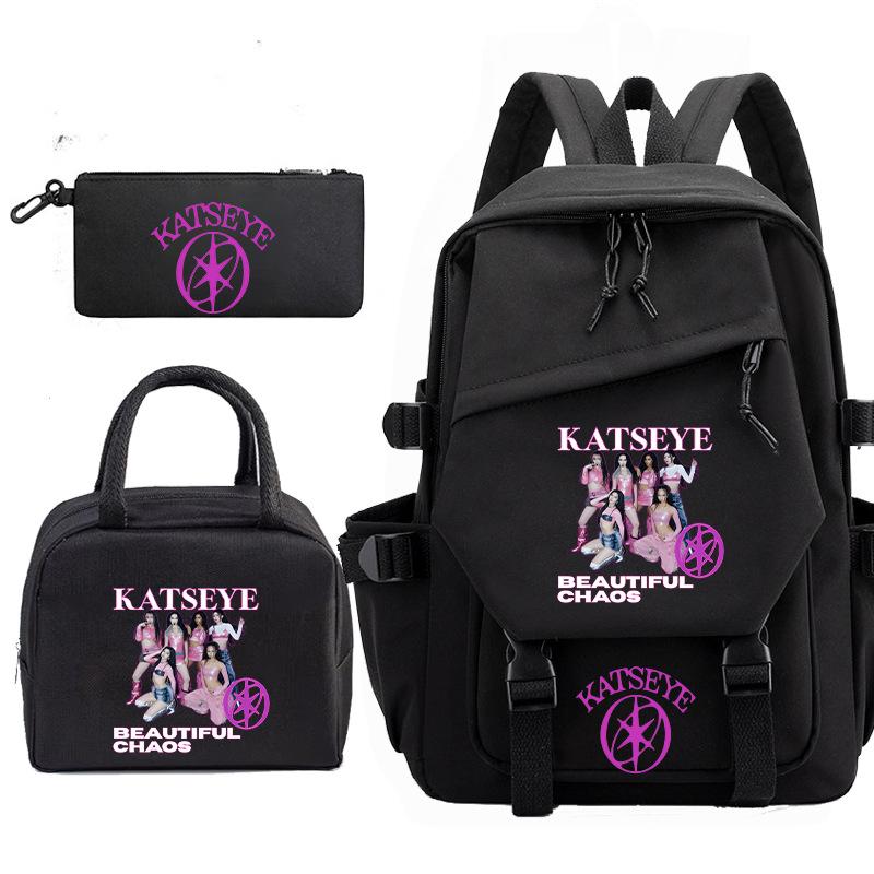 Katseye Kpop Girl Group Photo Set 3-Piece Backpack Set with Pencil Case and Lunch Bag, Trendy Color Block School Bookbag for Teen Girls