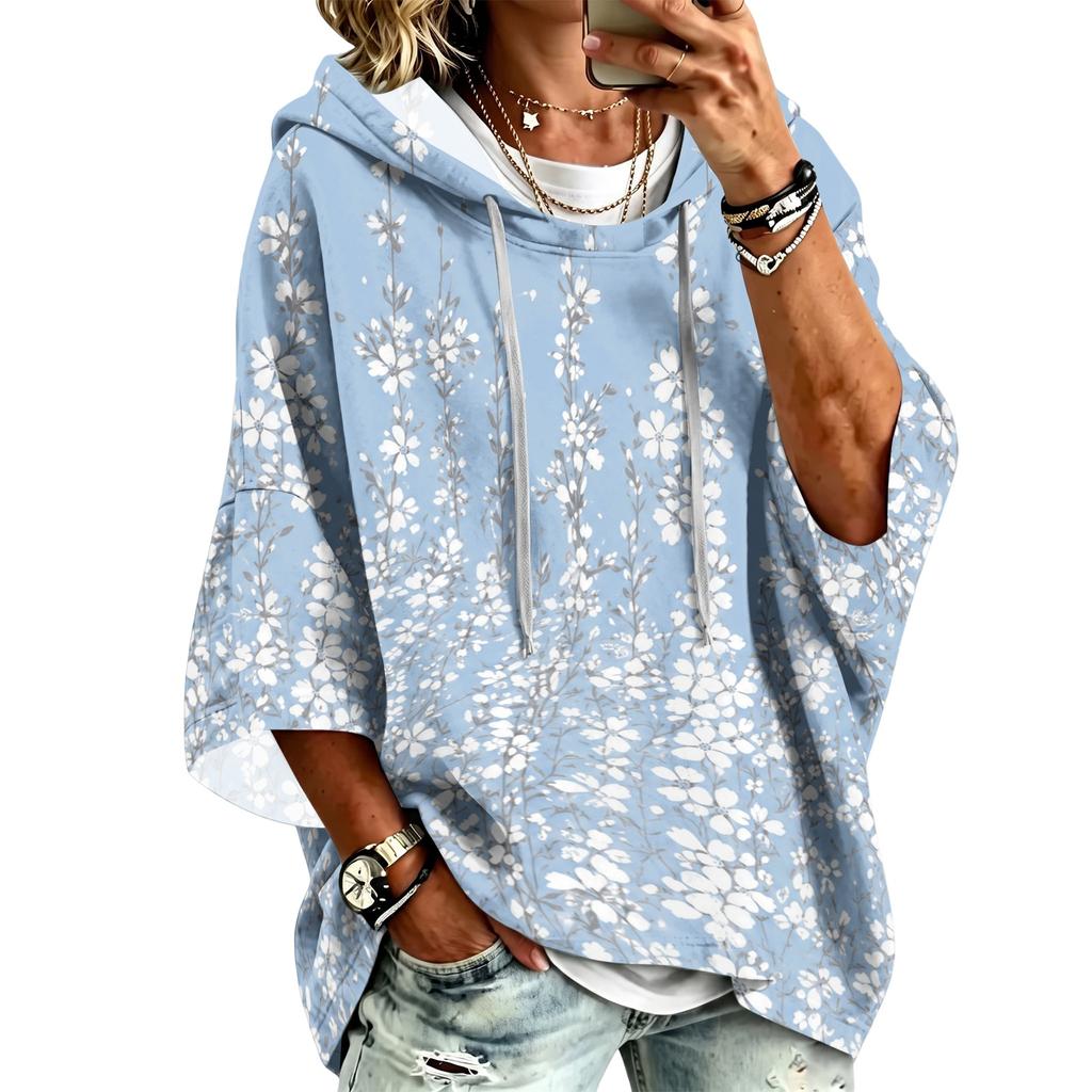 Women's Hooded Pullover Top with Three-Quarter Sleeves Floral Print Casual Fashion Top