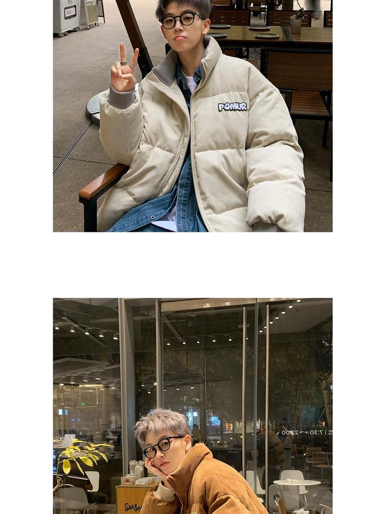 Men's Retro Corduroy Stand Collar Jacket, Autumn/Winter, Thickened with Letter Patch, Color Melange, Cotton Padded Outerwear.