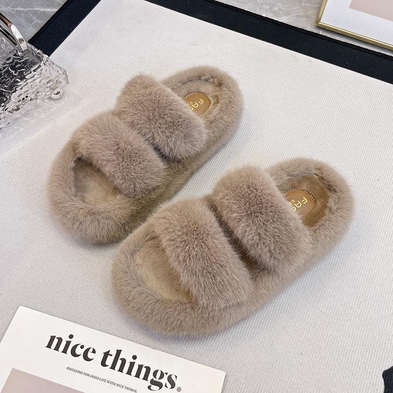 2025 Autumn New 6CM Muffin Thick-bottomed Fluffy Slippers Women's Wear Double Strips with Small Height-increasing Cotton Slippers